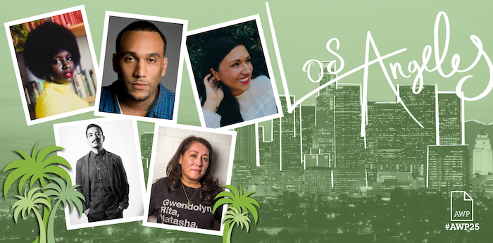 Headshots of the University of Arizona Poetry Center's panelists against a green background with #AWP25 branding.