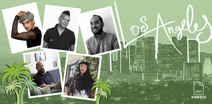 Nightboat Books featured presenters' photos against a green background with #AWP25 branding.