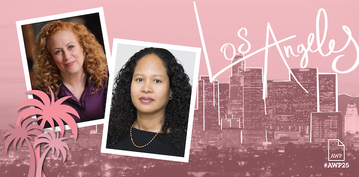 Headshots of Jodi Picoult and Clarisse Rosaz Shariyf against a pink background with AWP branding.