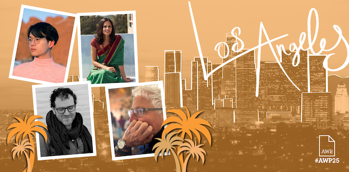 Headshots of Copper Canyon Press' featured event panelists against an orange background with #AWP25 branding.