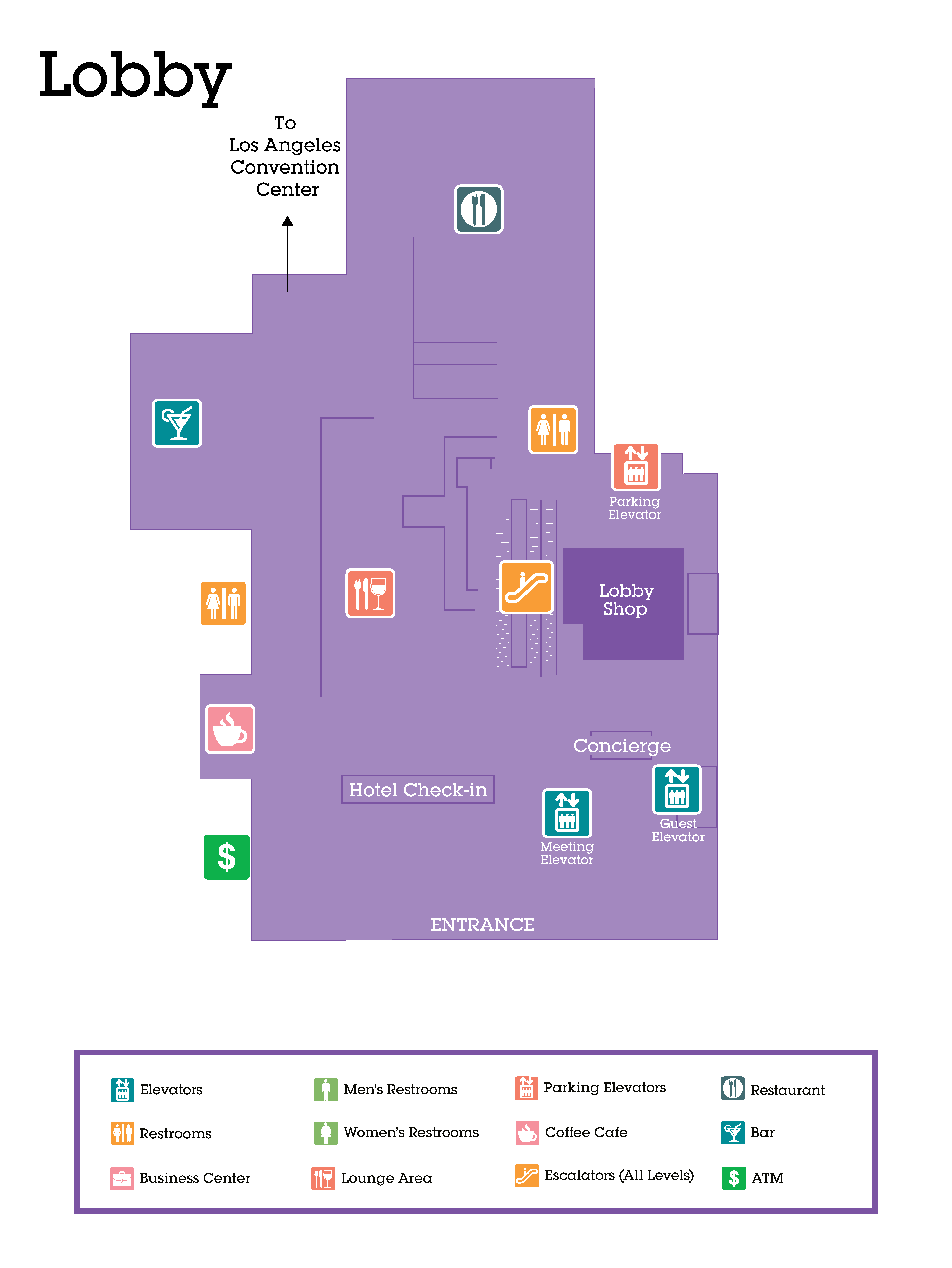 An overview of the JW Marriott Los Angeles Live! hotel lobby.