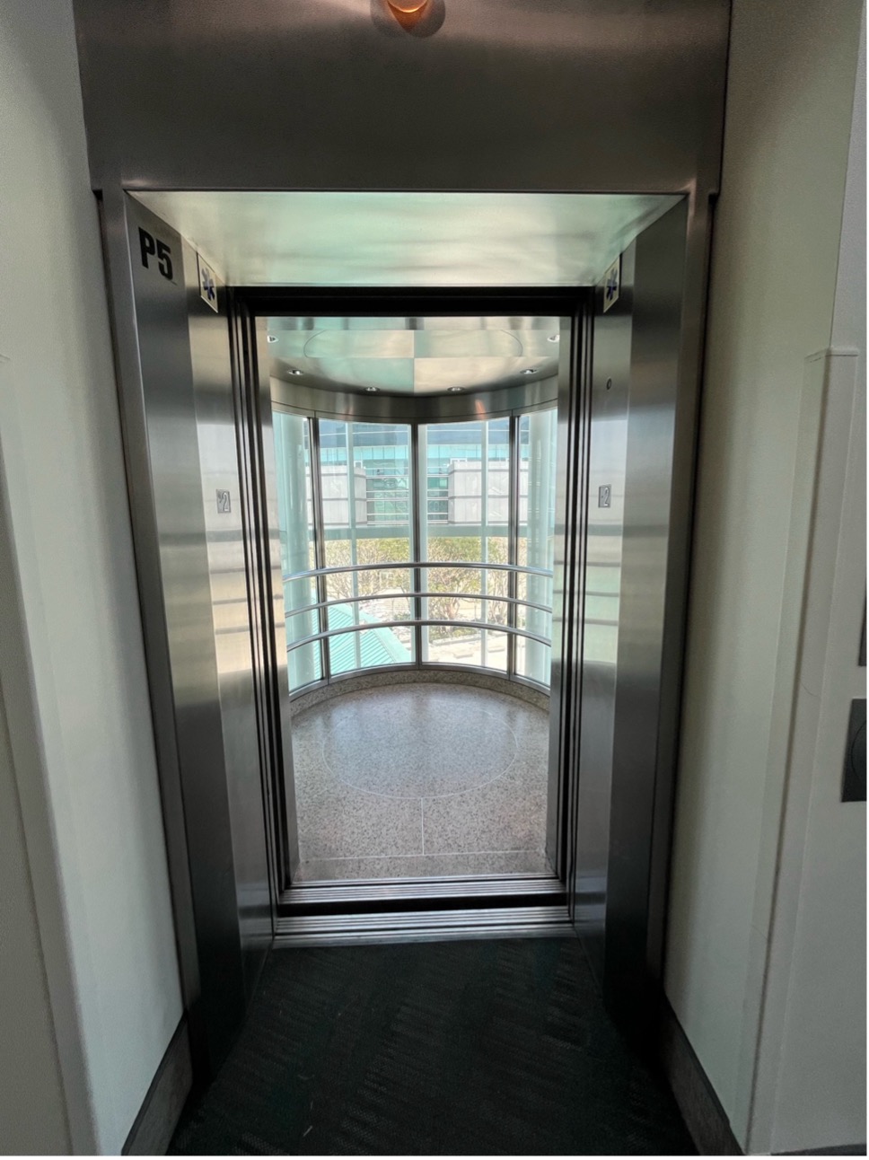 The inside of an elevator in the Los Angeles Convention Center.